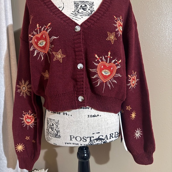 Embroidered Burgundy Cardigan Sweater - Picture 2 of 5